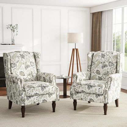 UIXE High Back Floral Accent Chair, Fabric Upholstered Armchair for Living Room, Retro Printed Wingback Arm Chair Nailhead Trim Single Sofa Bedroom Reading Seat - Beige Plants