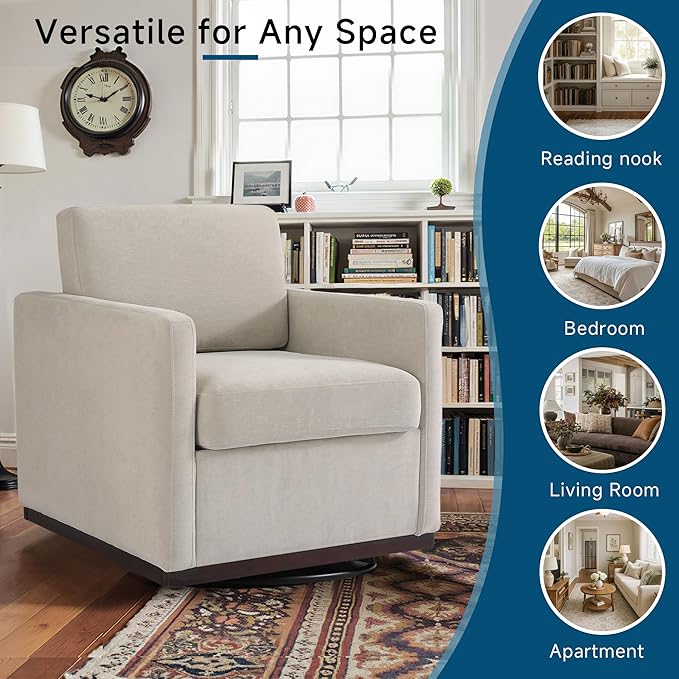Pia Ricco Plush Swivel Barrel Chair Set of 2 - Mid-Century Modern Accent Armchairs in Soft Chenille for Living Room & Cozy Reading Nook, Sand