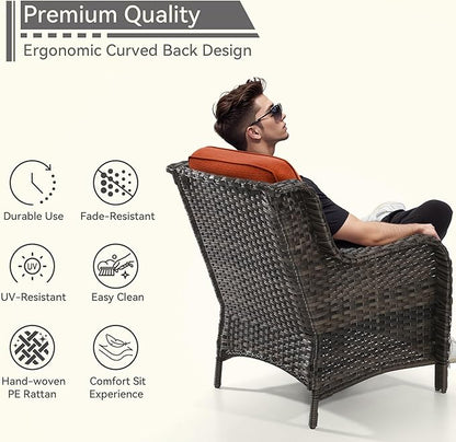 5 Pieces Patio Conversation Set, Wicker Chairs Set of 2 and Two Ottomans with 3.5-inch Seat Cushions, 1 Side Table High Back and Curved Armrest for Backyard, Balcony and Deck, Orange