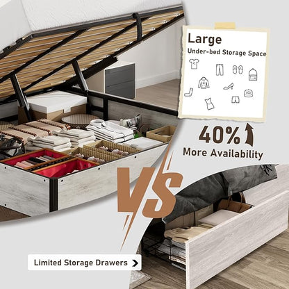 Lift Up Storage Bed Frame, Queen Size Wooden Platform Bed with Large Storage Underneath, No Box Spring Needed, Noise Free, Distressed White