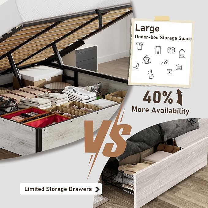 Lift Up Storage Bed Frame, Full Size Wooden Platform Bed with Large Storage Underneath, No Box Spring Needed, Noise Free, Distressed White