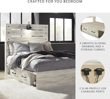 Signature Design by Ashley Cambeck Farmhouse Full Panel Platform Bed with 4 Storage Drawers, Sconce Light and USB Ports, Foundation or Box Spring Not Needed, Whitewash