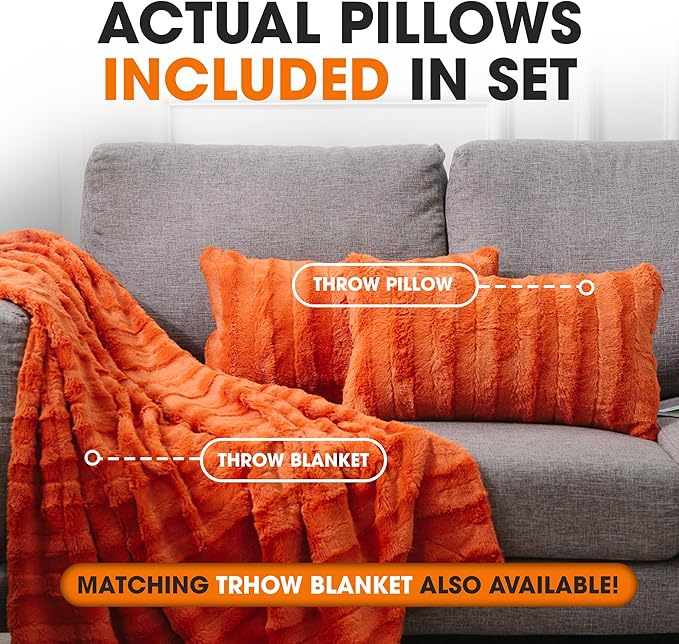 Cheer Collection Fall Decorative Throw Pillows for Couch – Set of 2 Faux Fur Fall Pillows for Couch, Cozy Fall Couch Pillows for Living Room or Bed, Soft, Rust Accent Pillows, 12" x 20"
