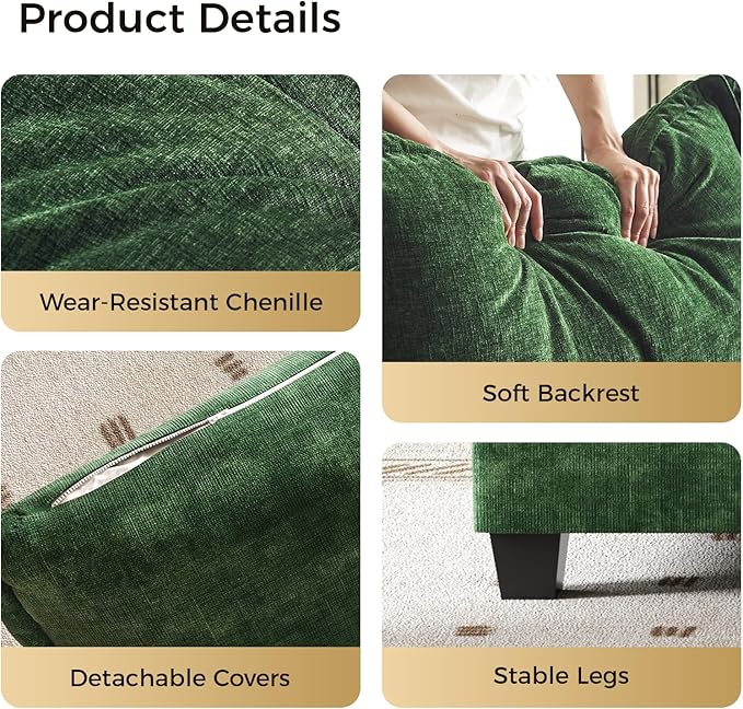 KKL Modular Sectional Sofa Bed, 4 Seater Convertible L-Shaped Sleeper Cloud Couch with Ottoman, Chenille Sectional Couches for Living Room, Apartment Green
