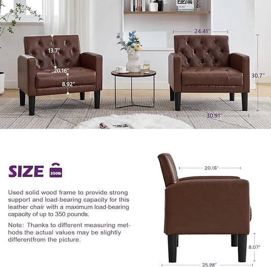 TYBOATLE Accent Chair Comfy Living Room Chair Leather Tufted Mid Century Modern Accent Chair, Small Cozy Reading Arm Chair for Office, Bedroom (1, Brown)