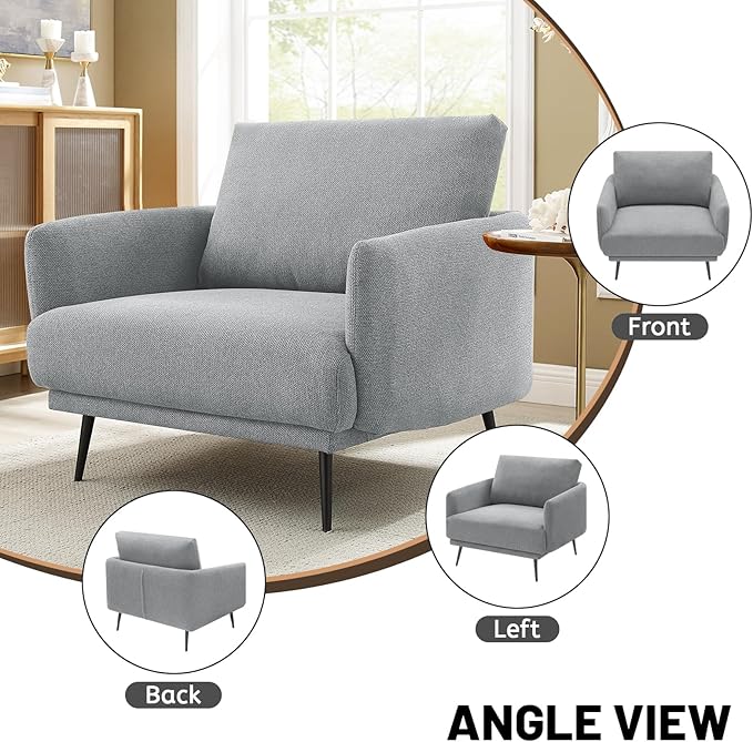 Oversized Accent Chair for Living Room Chairs Reading Arm Chair Comfy Modern Single Sofa Side Chairs with Metal Legs & Soft Cushion for Bedroom, Waiting Room (Polyster Light Grey, Set of 1)