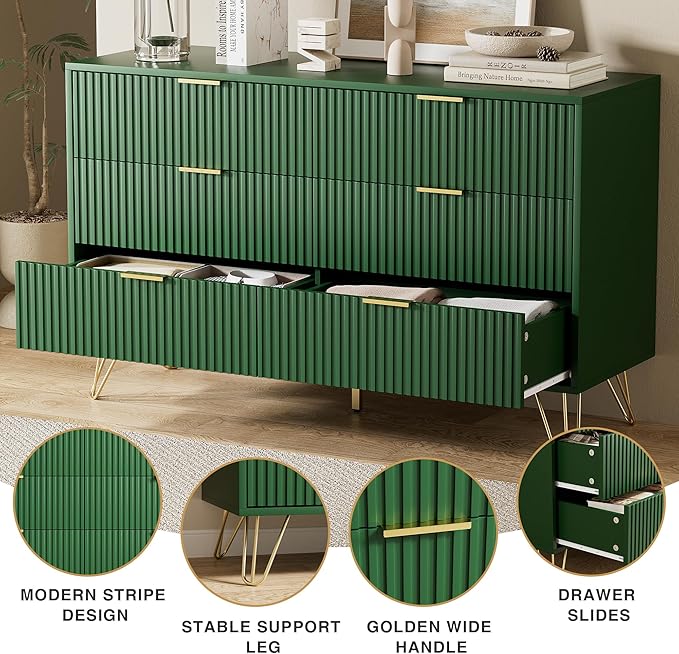 Green Dresser for Bedroom, Modern Dresser with Gold Metal Handles & Chests of Drawers for Bedroom, 15.7" D x 47.2" W x 29.5" H