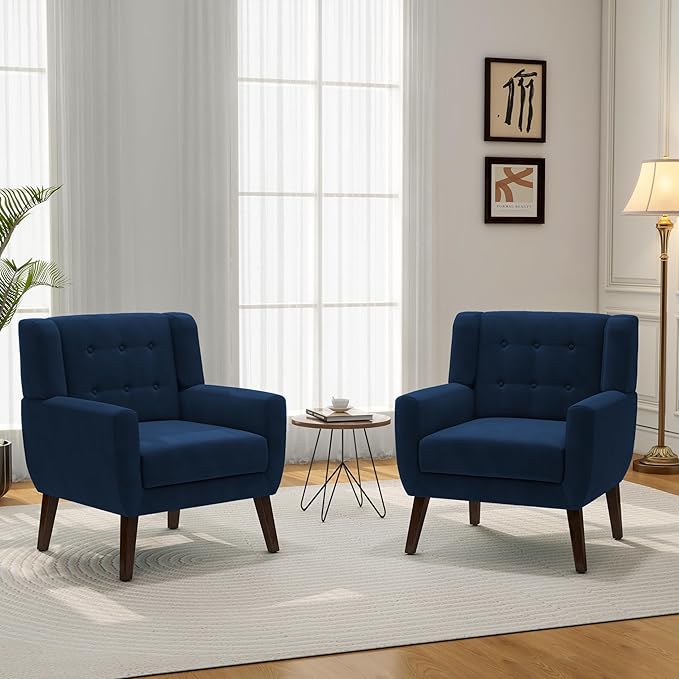 Accent Chair, Modern Velvet Arm Chair for Living Room, Bedroom, Comfy High-Resilient Sponge Reading Chair for Small Spaces （Velvet Royal Blue, Set of 2