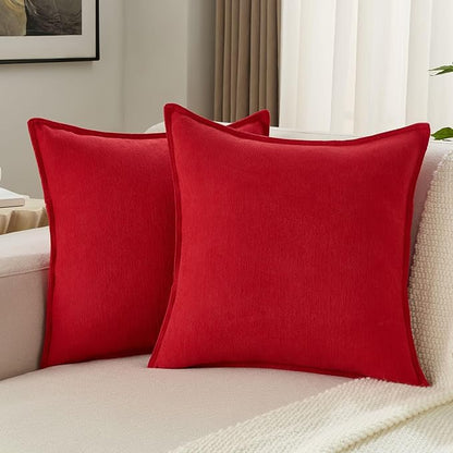FUTEI Christmas Red Chenille Throw Pillow Covers 16x16 Inch Set of 2,Edges Double-Stitched Cushion Cases,Modern Home Decor for Couch Living Room