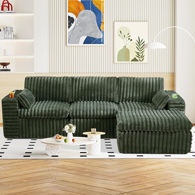 114" Cloud Boneless Sectional Couches for Living Room, Modular Sectional Sofa with Cup Holder, Cozy Fluffy L Shaped Deep Seat Boneless Couch with Storage Pocket, No Assembly Required, Green