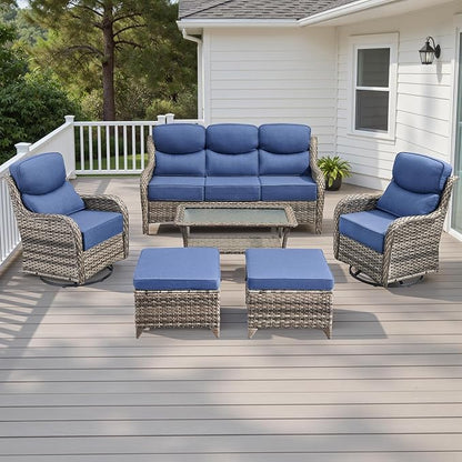 Rilyson Wicker Outdoor Patio Furniture Set - 6 Piece Patio Conversation Sets with Swivel Rocker Chairs, Ottomans, Sofa and Table, 6 inch Cushions, Deep Seating, for Porch Deck Mixed Grey/Blue