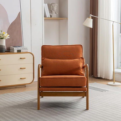 Mid-Century Accent Chair,Linen Fabric Lounge Chair with Wide Armrest, Armchair with Lumbar Pillow & Solid Wood Frame for Living Room, Bedroom, Reading Nook(Orange)