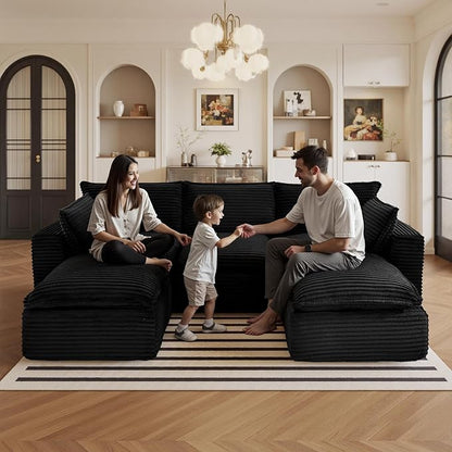 108" Sectional Couches for Living Room Boneless Couch Upholstered Cloud Couch Sectional Modular Sectional Sofa with L Shaped (Corduroy-Black, 3 Seat+2 Ottoman)