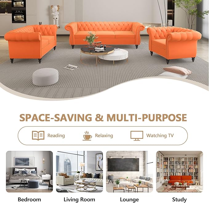 2 Piece Living Room Furniture Set, Velvet Loveseat and Chair Set, Mid Century Modern Upholstered Sofa Couch with Cushions, Comfy Tufted Chesterfield Couches for Living Room, Bedroom, Office