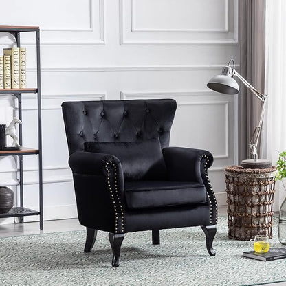 Accent Reading Arm Chairs for Living Room Bedroom, Midcentury Modern Comfy Corner Sofa Chair, Wingback Waiting Room Club Chair with Button Tufted Back &Lumbar Pillow, Velvet Black