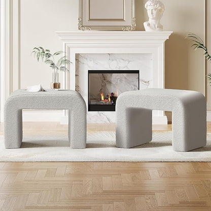 Tribesigns Vanity Stool Chair, Modern Boucle Ottoman Foot Rest for Couch, Large Foot Stool Ottoman, Extra Seating for Living Room, Arched Makeup Bench for Vanity, Fully Assembled, Light Gray, 2 Packs