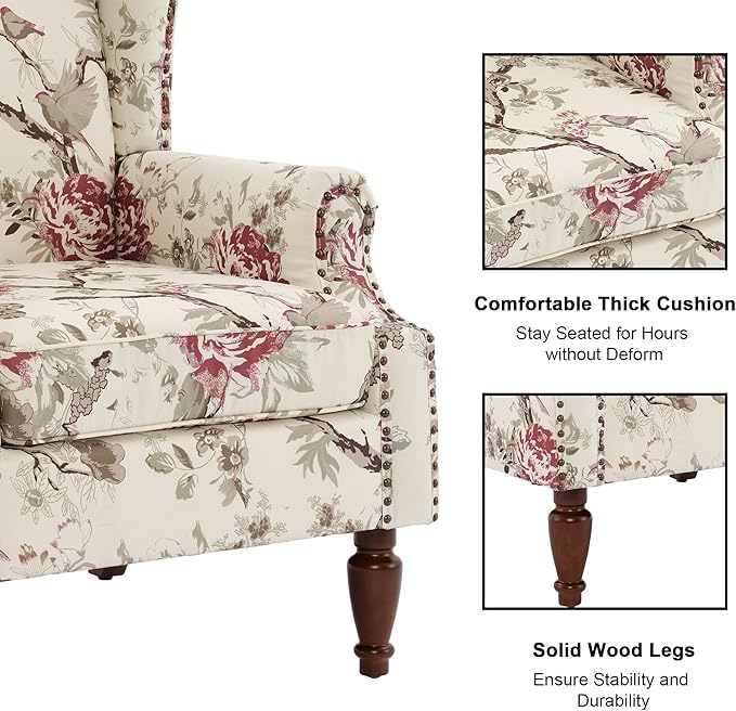 Accent Chair, Upholstered High Back Floral Armchair with Nailhead Trim & Wood Legs, Comfy Wingback Reading Single Sofa Chair for Small Spaces, Living Room, Bedroom (Pink Floral, Set of 2)