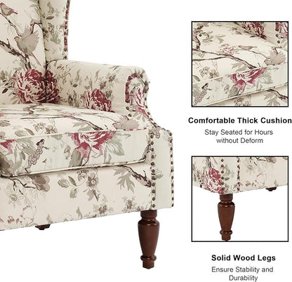 Accent Chair, Upholstered High Back Floral Armchair with Nailhead Trim & Wood Legs, Comfy Wingback Reading Single Sofa Chair for Small Spaces, Living Room, Bedroom (Pink Floral, Set of 2)
