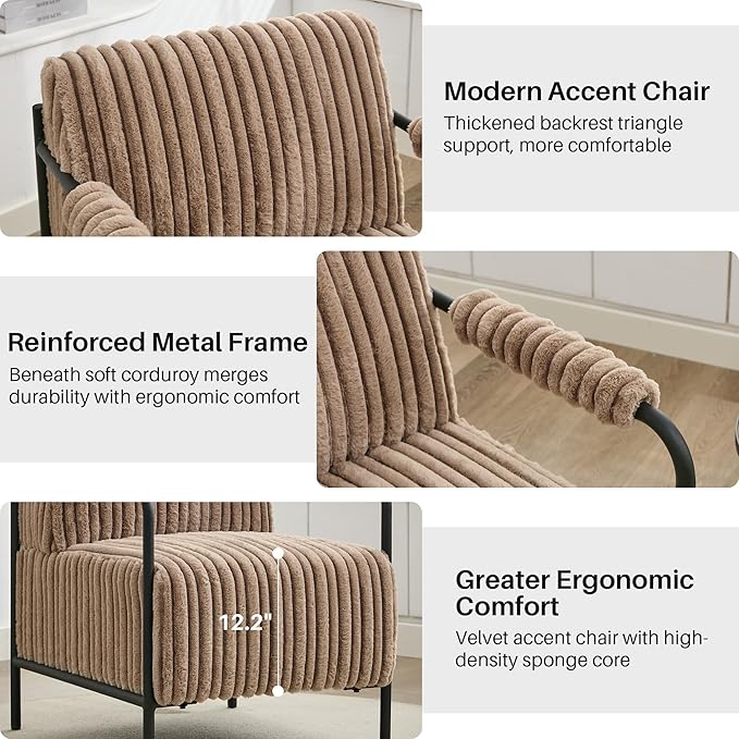 Modern Accent Lounge Chair Velvet Tufted Textured Upholstery Vertical Stitching Metal Frame Ergonomic Reading Chair for Living Room Bedroom Stylish Compact Cozy Design (Light Brown)