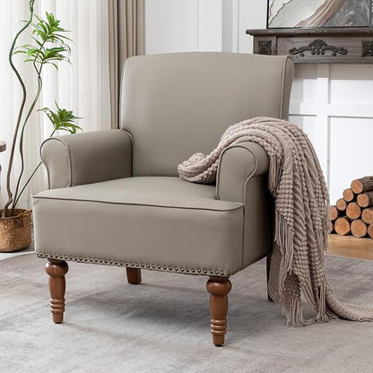 HOMEFLEX Accent Chair, Faux Leather Living Room Chairs with Nailhead Trim, Mid-Century Lounge Armchair with Solid Wood Legs, Comfy Reading Single Sofa for Bedroom, Waiting Room (Grey, 1 Chair)