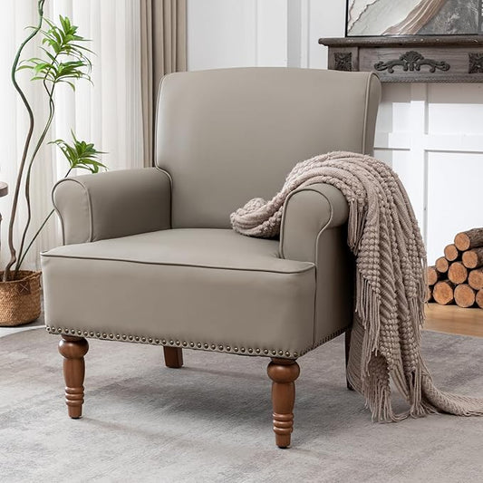 HOMEFLEX Accent Chair, Faux Leather Living Room Chairs with Nailhead Trim, Mid-Century Lounge Armchair with Solid Wood Legs, Comfy Reading Single Sofa for Bedroom, Waiting Room (Grey, 1 Chair)