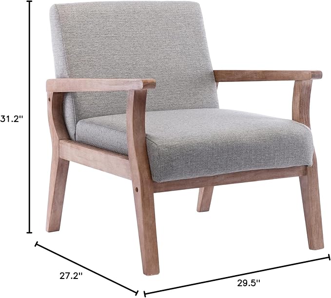 HNY Mid Century Armchair with Hardwood Frames, Linen Upholstered Living Room Chair, for Living Room Bedroom, Light Grey
