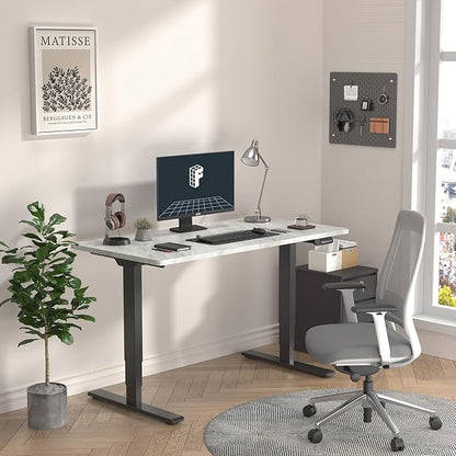 FLEXISPOT E6 3 Stages Dual Motor Electric Standing Desk 55x28 Inch Whole-Piece Board Height Adjustable Electric Sit Stand Desk(Black Frame + Marble Grey Desktop, 2 Packages)