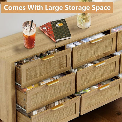 9 Drawer Dressers for Bedroom, Rattan Dresser with Drawers, Modern Wood Dresser with Metal Handles, Chest of Drawers for Bedroom, Living Room, Entryway (9 Drawer)