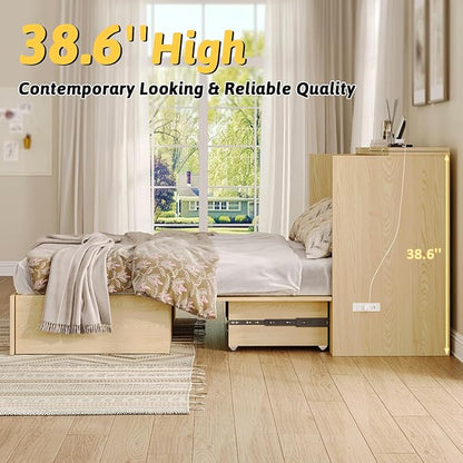 Full Size Murphy Bed with Charging Station, Wall-Mounted Hideaway Bed with Foldable Panel for Home Office, Small Rooms, Guest Bedrooms, Living Rooms, Natural