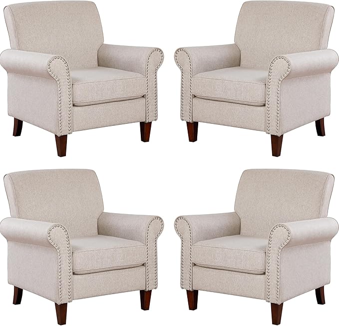 Prilinex Upholstered Living Room Chair Set of 4 - Large Comfy Fabric Accent Chair Single Sofa with Cushion, Rolled Armrest & Nailhead Trim, Mid Century Farmhouse Armchair for Bedroom, Office, Beige