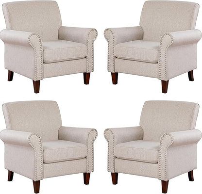 Prilinex Upholstered Living Room Chair Set of 4 - Large Comfy Fabric Accent Chair Single Sofa with Cushion, Rolled Armrest & Nailhead Trim, Mid Century Farmhouse Armchair for Bedroom, Office, Beige