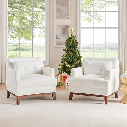 VANOMi Comfy Accent Chair, Terry Oversized Lounge Chair with Cushion, Mid-Century Modern Living Room Chairs Comfy Chair for Bedroom, Apartment, White
