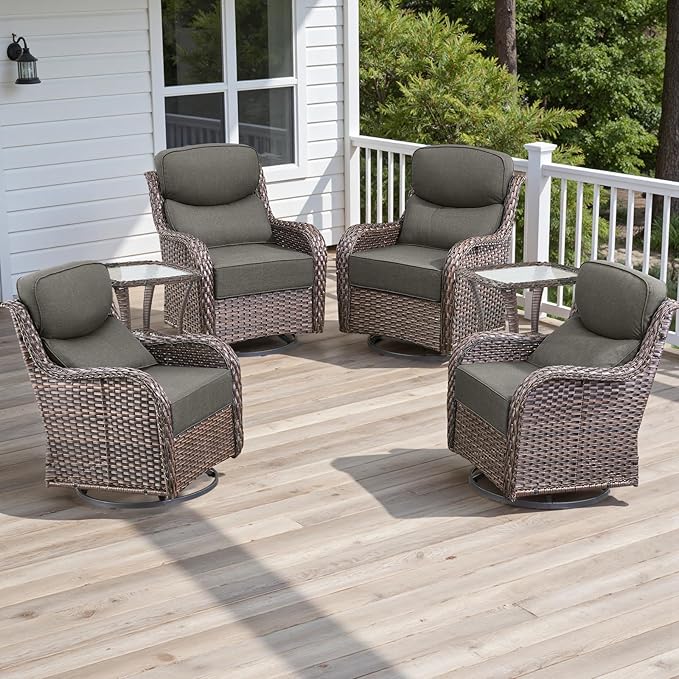 Rilyson 6 Piece Outdoor Patio Swivel Rocker Chairs, Waterproof Wicker, High Back, Deep Seating, Wide Armrest, Upgraded 6 inch Thick Cushions, Side Table, Ideal for Deck Porch Yard, Brown/Grey