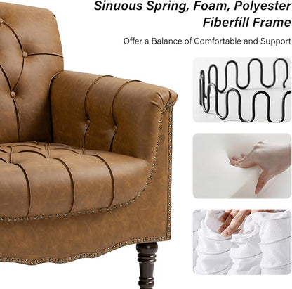 Faux Leather Accent Chair, PU Leather Modern Comfy Upholstered Armchair with Wood Legs & Nailhead Trim for Living Room, Bedroom (Camel,Set of 1)