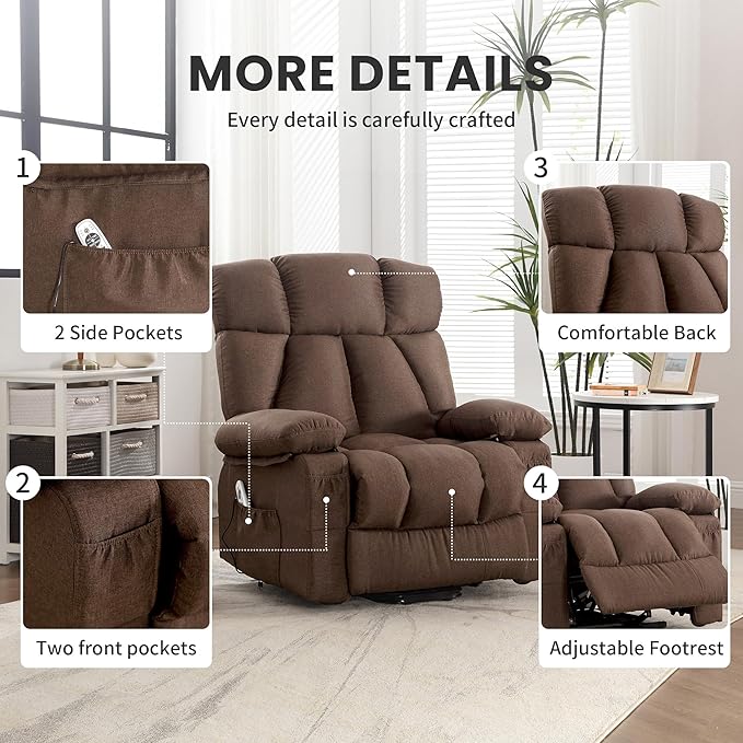 Oversized Power Lift Recliner Chair for Elderly, Big and Tall Lift Chair with Massage and Heat for Living Room, Fabric Electric Recliner Chairs with 4 Side Pockets, USB Charge Port,Brown