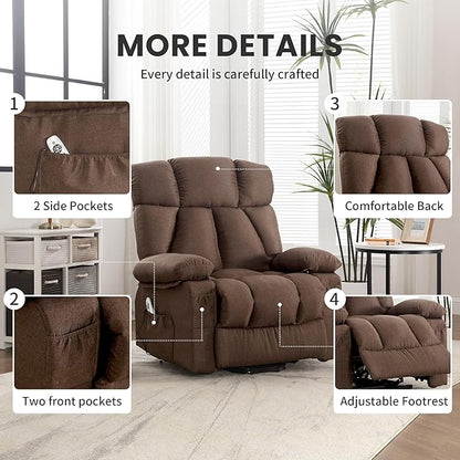 Oversized Power Lift Recliner Chair for Elderly, Big and Tall Lift Chair with Massage and Heat for Living Room, Fabric Electric Recliner Chairs with 4 Side Pockets, USB Charge Port,Brown