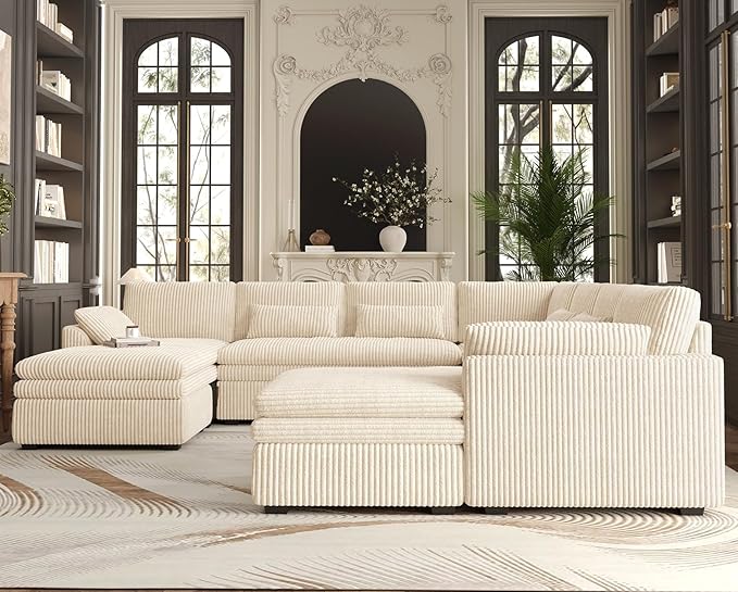 Belffin Large Modular Sectional Sofa with Double Deep Chaise and Loveseat, Corduroy U Shape Couch with 9" Soft Dual-Layer 9 Seats Cushion for Living Room, Apartment, Beige