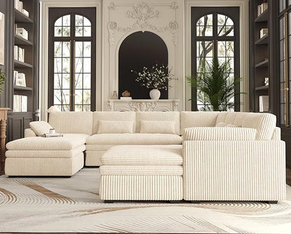 Belffin Large Modular Sectional Sofa with Double Deep Chaise and Loveseat, Corduroy U Shape Couch with 9" Soft Dual-Layer 9 Seats Cushion for Living Room, Apartment, Beige
