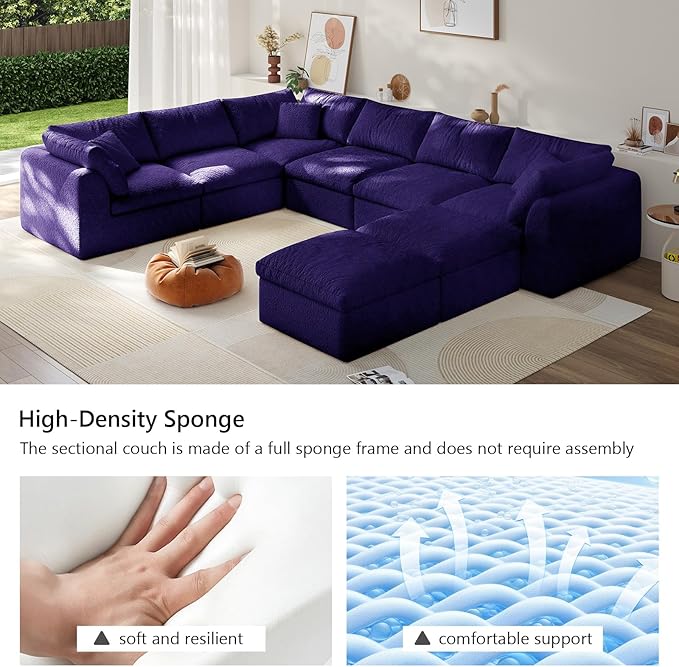 Boneless Cloud Couch Modular Sectional Sofa with Deep Seat for Living Room, L Shape Couch with Ottoman, Snowflake Cloth and 40D Memory Sponge，2 Throw Pillows (Purple, 6 Seater+2 Ottoman)