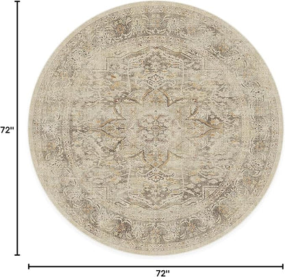 RUGGABLE Washable Vintage Area Rug – Sarrah Hazel 6 ft Round, Stain-Resistant, Non-Slip – Medium Machine Washable Rugs for Living Room, Bedroom, Hallway, Entryway & Office–with Standard Pad