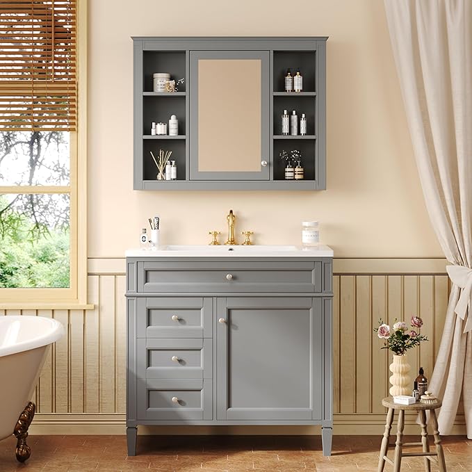 36" Bathroom Vanity with Matching Medicine Cabinet, Modern Sink Storage Cabinet with Drawers, Soft Closing Doors and Shelf, Bathroom Vanities with Sink & Mirror