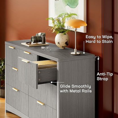 Marsail Fluted 7-Drawer Wide Wooden Dresser, Smooth Gliding Drawers & Large Capacity Storage Space, Modern Organizer Cabinet for Bedroom or Hallway, Light Grey