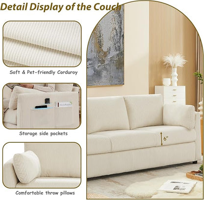 3 Seater Couches for Living Room, 79" Modern Corduroy Sofa with 2 Pillows and Storage Pockets, Small Beige Couches for Apartment, Small Spaces, Home Office