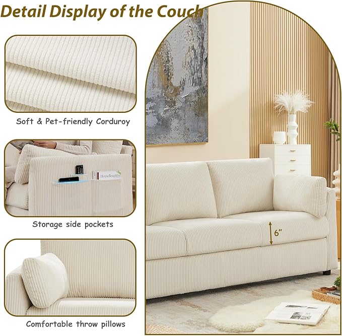 Living Room Sofa Set, Corduroy 3-Seat Couch with Set of 2 Accent Side Chairs, Soft Pillows and Side Pockets, Modern Living Room Furniture Sets for Apartment, Small Spaces, Beige