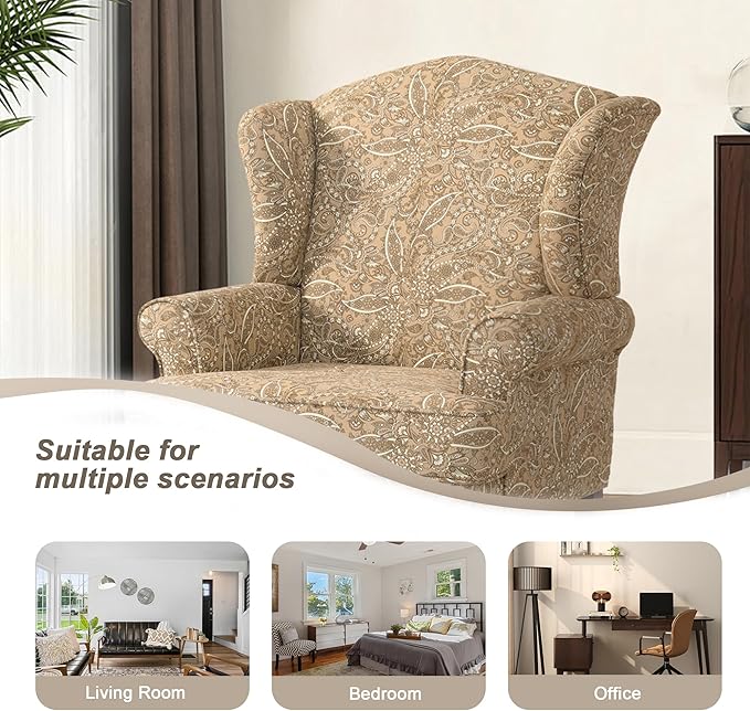 Pia Ricco Paisley High Back Floral Accent Chair, Upholstered Fabric Armchair with Solid Wood Legs - Retro Living Room Reading Chair, Comfortable Single Sofa Seat-Brown