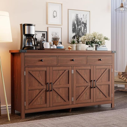 63" Sideboard Buffet Cabinet with Storage, Coffee Bar with 3 Drawers and 4 Barn Doors, Long Wider Storage Cabinet Modern Farmhouse, Cherry Wood, for Kitchen, Dining Room, Living Room