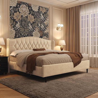 Belffin Queen Bed Frame with Headboard, Luxury Upholstered Velvet Platform Bed with Wingback, Button Tufted & Nailhead Trim, Anti-Slide Tall Footboard, No Box Spring Needed, Noise-Free, Beige