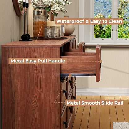 Farmhouse 10 Drawer Dresser for Bedroom – 63'' Long Dresser Wood Chest of Drawers,TV Stand for 75 inch TV, Storage Organizer Furniture, Hallway, Entryway, Closet, Cherry Wood