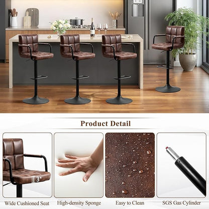 Furniliving Swivel Bar Stools Set of 4, Adjustable Kitchen Counter Height BarStools with Arms, PU Leather Upholstered Bar Chair with Back and Footrest for Dining Room, Kitchen, Pub, Bar (Darkbrown)