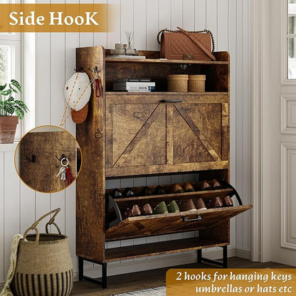 Shoe Storage Cabinet with 2 Flip Drawers, Narrow Wood Shoe Cabinet Storage for Entryway with Metal Legs & Hooks, Adjustable Shelves, Freestanding Shoe Rack Organizer for Foyer, Hallway, Brown